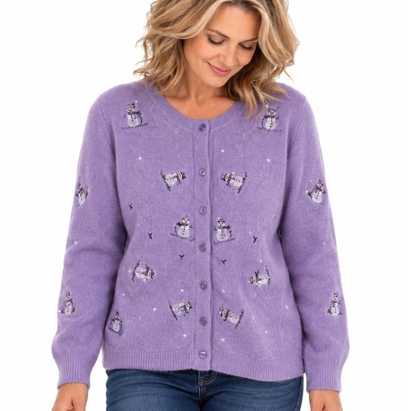 Christopher & Banks Sweaters - Vintage Christopher & Banks Fleece Cardigan Sweater Purple Snowman Ski Large